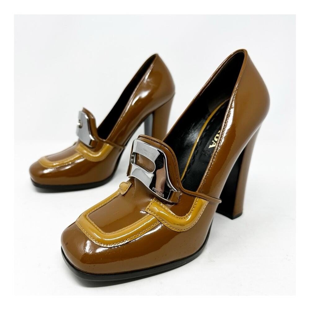 Prada Brown Leather Loafer Block Heels Womens Size EU 37.5